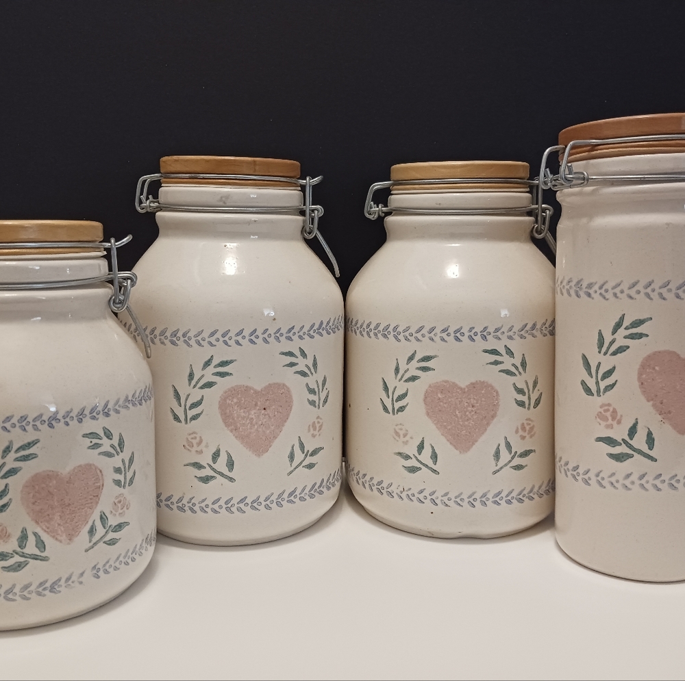 Vintage 1980s Cannisters - Great Condition! Pink Heart on Cream